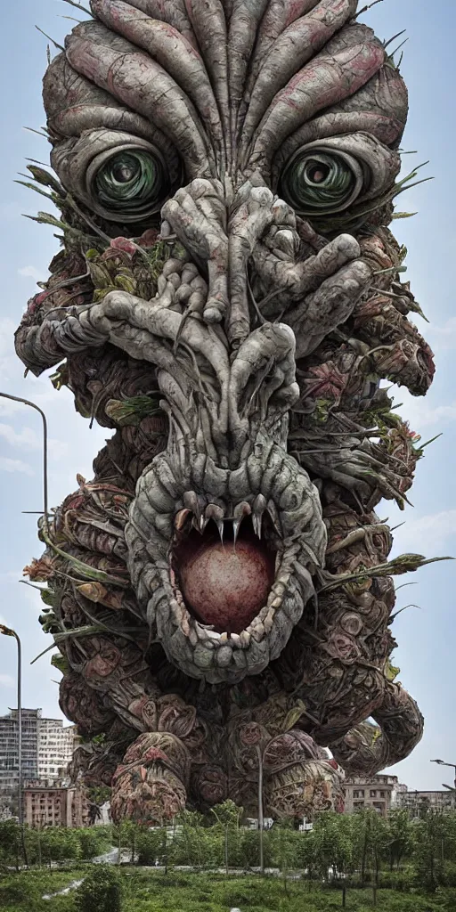 Image similar to colossal grotesque prehistoric alien predator flower made from best unfulfilled mankind projects in the middle of abandoned post soviet constructivist cityscape, Stalinist architecture, ultradetailed, Intricate by Hayao Miyazaki and Josan Gonzalez and Makoto Shinkai and Giuseppe Arcimboldo and Wes Anderson