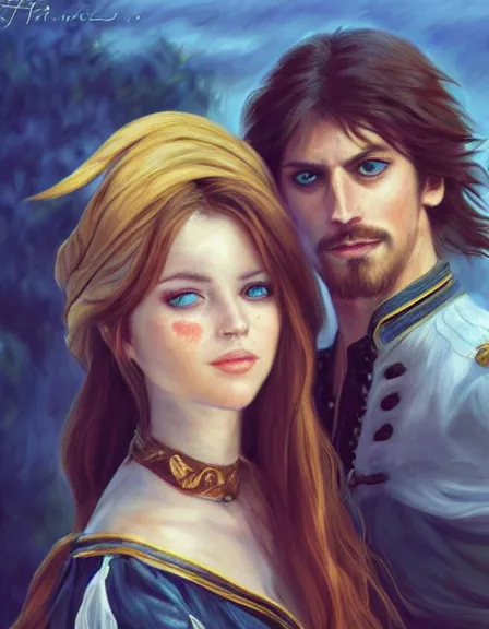 Image similar to couple. fully clothed armed female pirate captain with a male pirate partner, sun, summer, blue eyes, beauty, wisdom, love, strength, knowledge, smart, portrait, symmetrical, highly detailed, digital painting, artstation, smooth, sharp focus, illustration, strength, art by artgerm, renoir and louis theophile hingre. 8 k