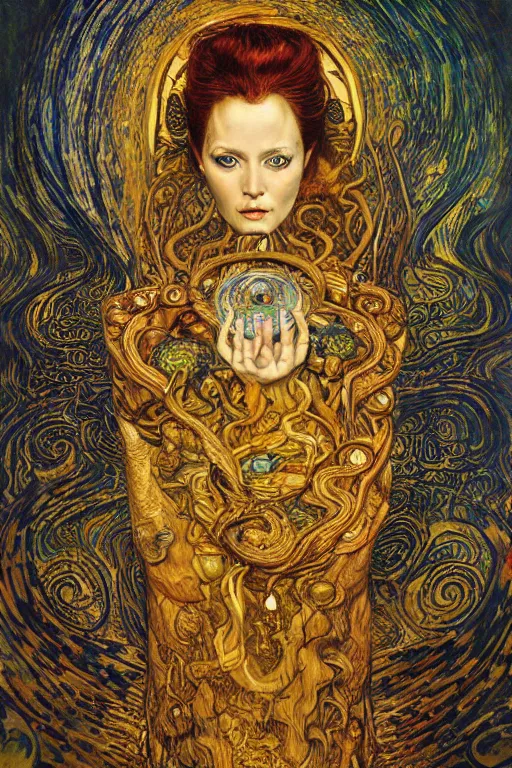 Image similar to Rebirth by Karol Bak, Jean Deville, Gustav Klimt, and Vincent Van Gogh, Rebirth, Loki's Pet Project, mystical portrait of a serpent deity, Surreality, otherworldly, fractal structures, arcane, ornate gilded medieval icon, third eye, spirals