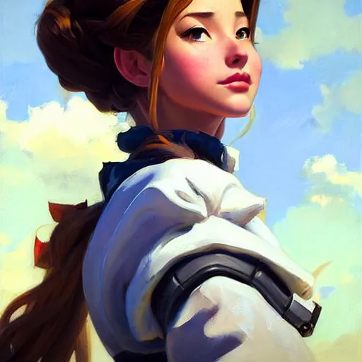 Image similar to Greg Manchess portrait painting o Aerith Gainsborough as Overwatch character, medium shot, asymmetrical, profile picture, Organic Painting, sunny day, Matte Painting, bold shapes, hard edges, street art, trending on artstation, by Huang Guangjian and Gil Elvgren and Sachin Teng