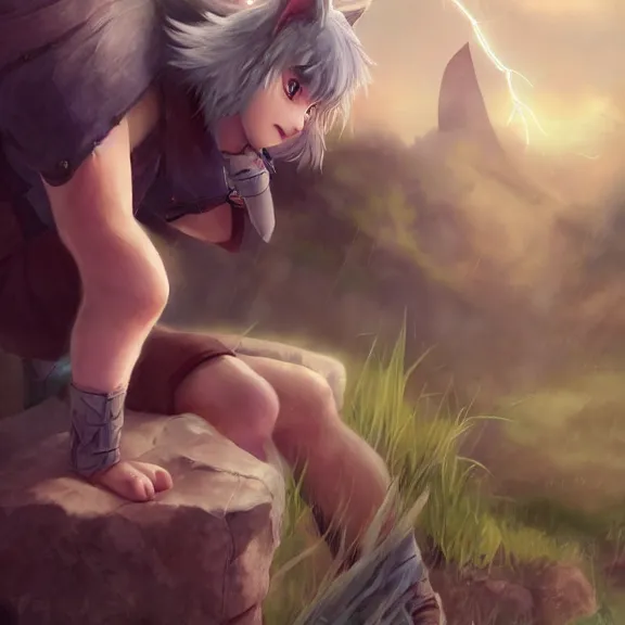 Image similar to boy with cat ears and tail resting, full body, blushing, short smile, hair covering, fantasy painting, cinematic lightning, highly detailed, trending on Artstation, Unreal Engine 4k, watercolour, pastel, very very very very very very very very beautiful.