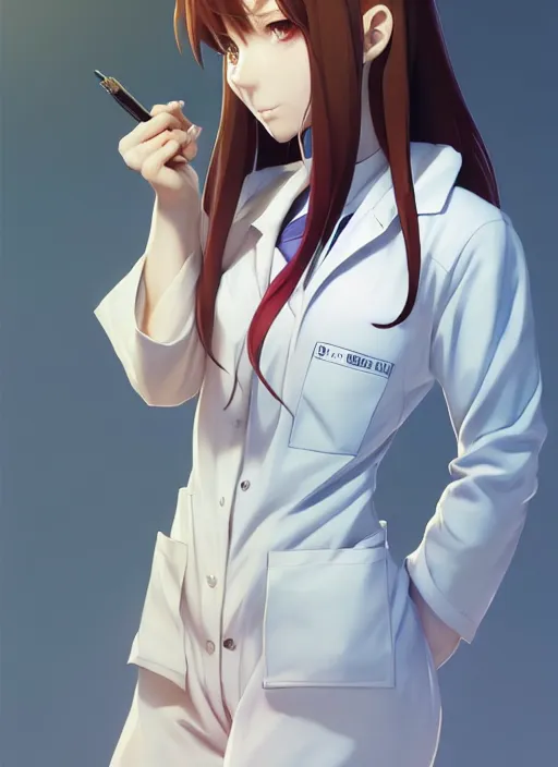 Prompt: 3 / 4 view of a portrait of cute girl in labcoat, confident pose, pixie, elegant, sharp focus, illustration, highly detailed, concept art, matte, trending on artstation, anime, art by wlop and artgerm and greg rutkowski, ilya kuvshinov, strong strokes, photo of makise kurisu from steins gate