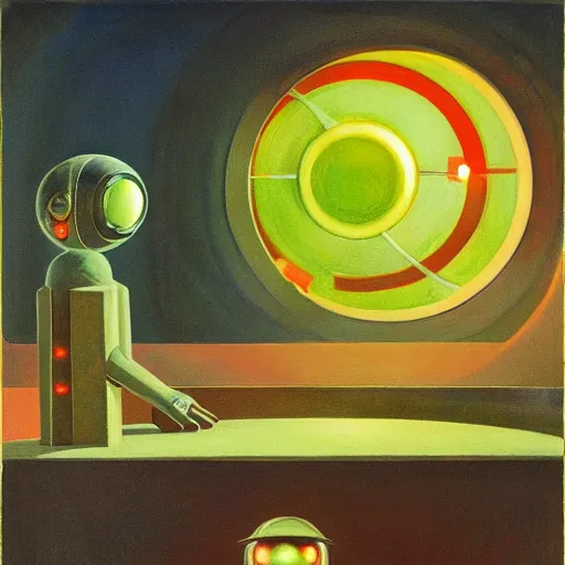 Image similar to three biomorphic robotic seers watchers oracles soothsayers with glowing eyes, inside a dome, pj crook, grant wood, edward hopper, syd mead, chiaroscuro, oil on canvas