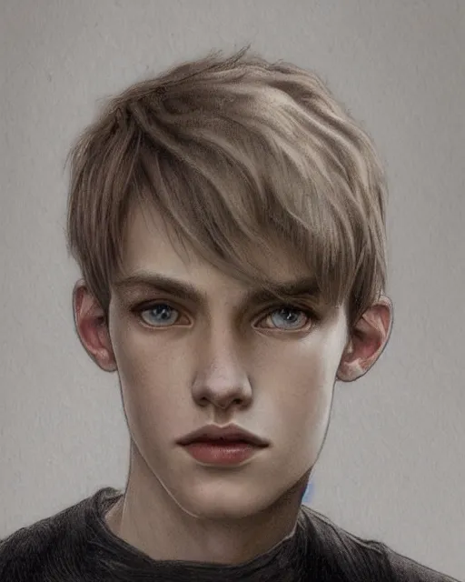 Image similar to portrait of 1 5 - year - old boy, a tall, slender boy with a pale, pointed face, sleek blond hair, and ice grey eyes, wearing black clothes, hyper realistic face, beautiful eyes, close up, fantasy art, in the style of greg rutkowski, intricate, alphonse mucha, hyper detailed, smooth