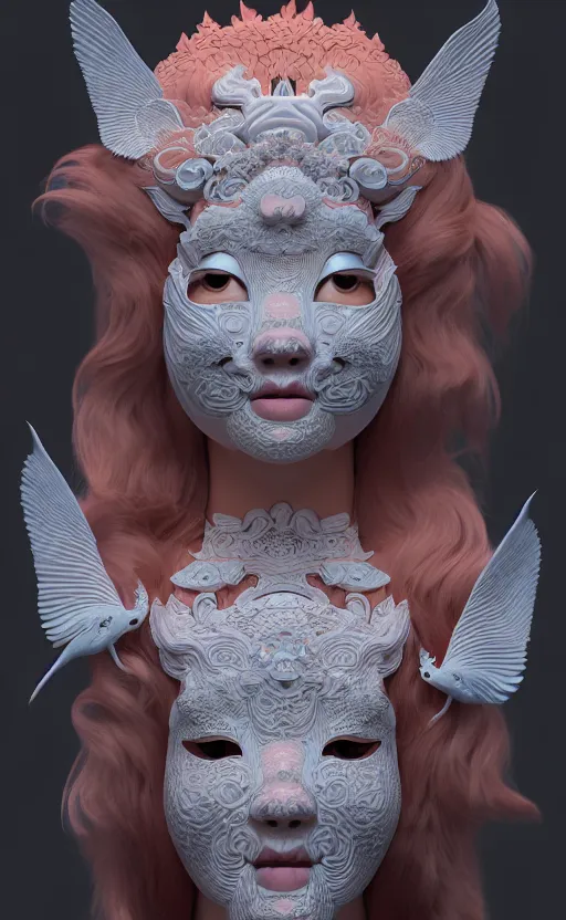 Image similar to 3 d goddess medium shot profile portrait. beautiful intricate highly detailed korean gumiho mask and traditional korean hanbok. stingray, magpie, bio luminescent, plasma, lava, ice, water, wind, creature, artwork by tooth wu and wlop and beeple and greg rutkowski, trending on artstation,