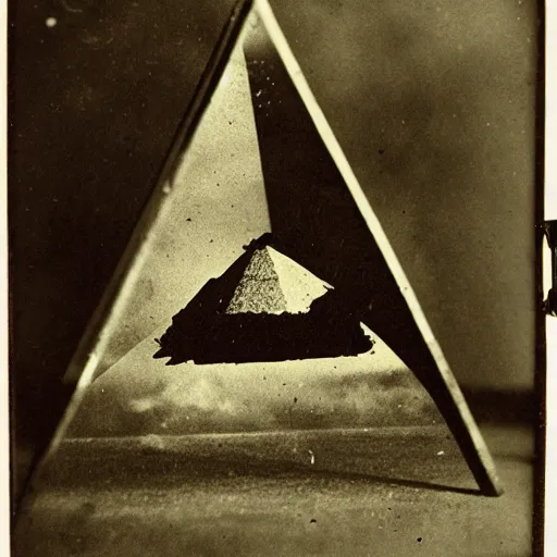 Image similar to tintype photo, ufo crashing into a pyramid