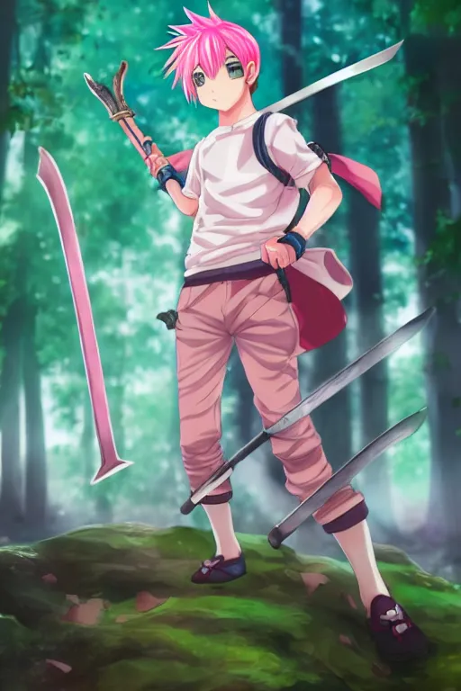 Image similar to a beautiful fullbody portrait of a cute male anime boy with pink hair, wearing a cool outfit, barefoot, wielding a sword in battle position, in a forest, at night. ambient occlusion, volumetric light, detailed, realistic, fantasy character, rendered in octane