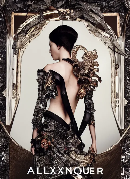 Image similar to alexander mcqueen advertisement photography by mucha, extremely coherent, sharp focus, elegant, render, octane, detailed, award winning photography, masterpiece, rim lit