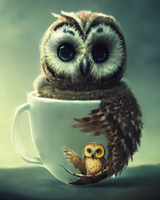 Image similar to long shot of a very cute owl chick nesting in a very futuristic cup, esao andrews, humorous illustration, hyperrealistic, big depth of field, warm colors, night scenery, low light, 3 d octane render, 4 k, conceptart, hyperdetailed, hyperrealistic, trending on artstation