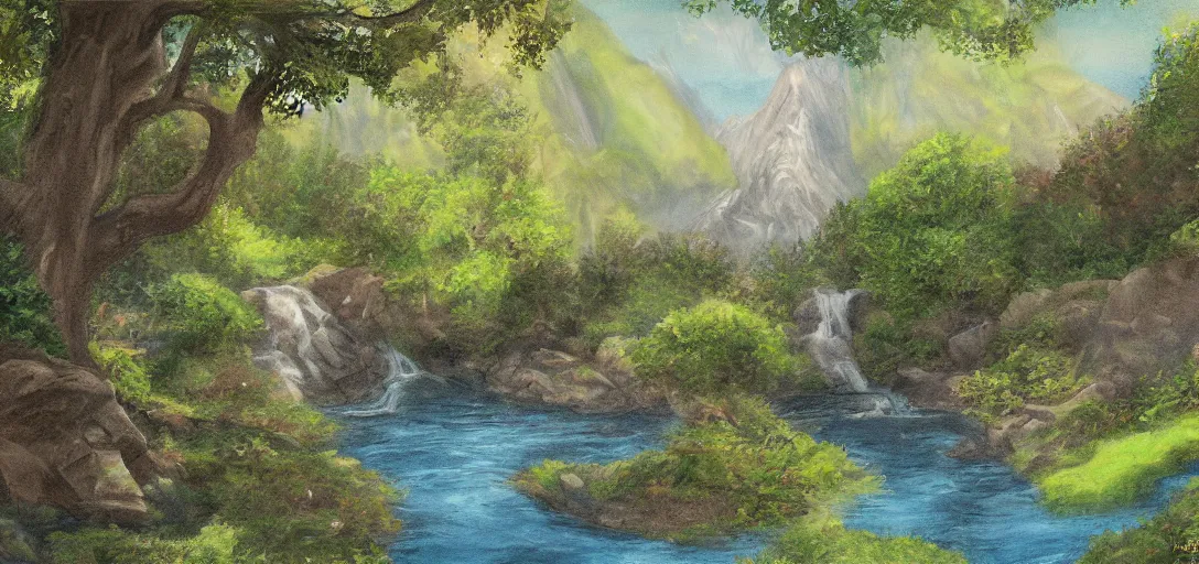 Image similar to Rivendell landscape painted by a five-year old, digital painting