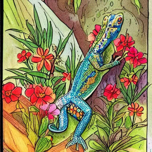 Image similar to a beautiful little lizard stands on a porch dotted with many flowers, fairytale illustration