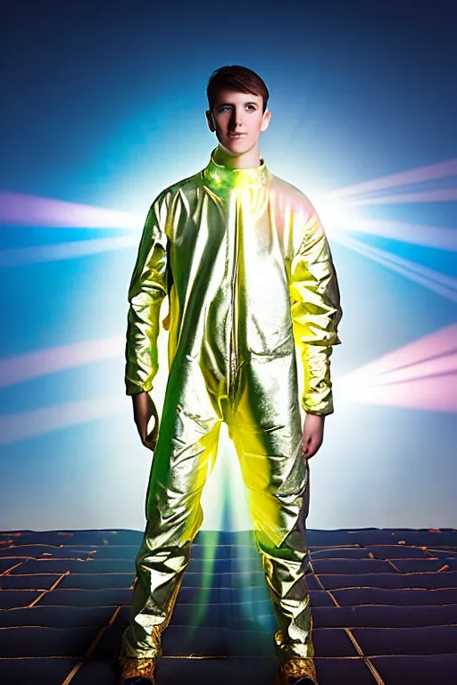 Prompt: un ultra high definition studio quality photographic art portrait of a young man standing on the rooftop of a british apartment building wearing soft inflatable padded iridescent fresnel refractive clothing. three point light. extremely detailed. golden ratio, ray tracing, volumetric light, shallow depth of field. set dressed.