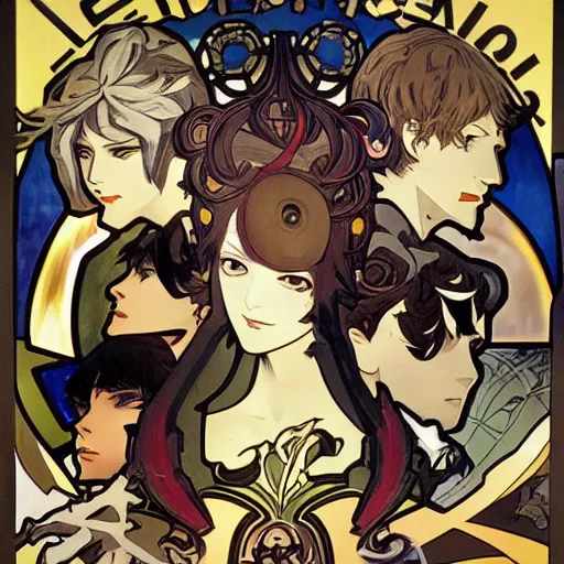 Prompt: persona 4 investigation team by alphonse mucha