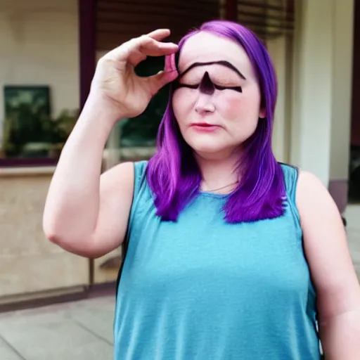 Image similar to a woman with 3 eyes and violet hair wearing a tank top.