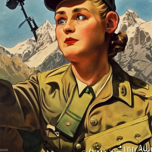 Image similar to highly detailed german ww 2 propaganda!!! nazi poster of german alps, photorealistic, diffuse lighting, hdrp, artstation, unreal 5, smooth, textless, sharp focus, art by john collier, albert aublet, krenz cushart, artem demura, alphonse mucha