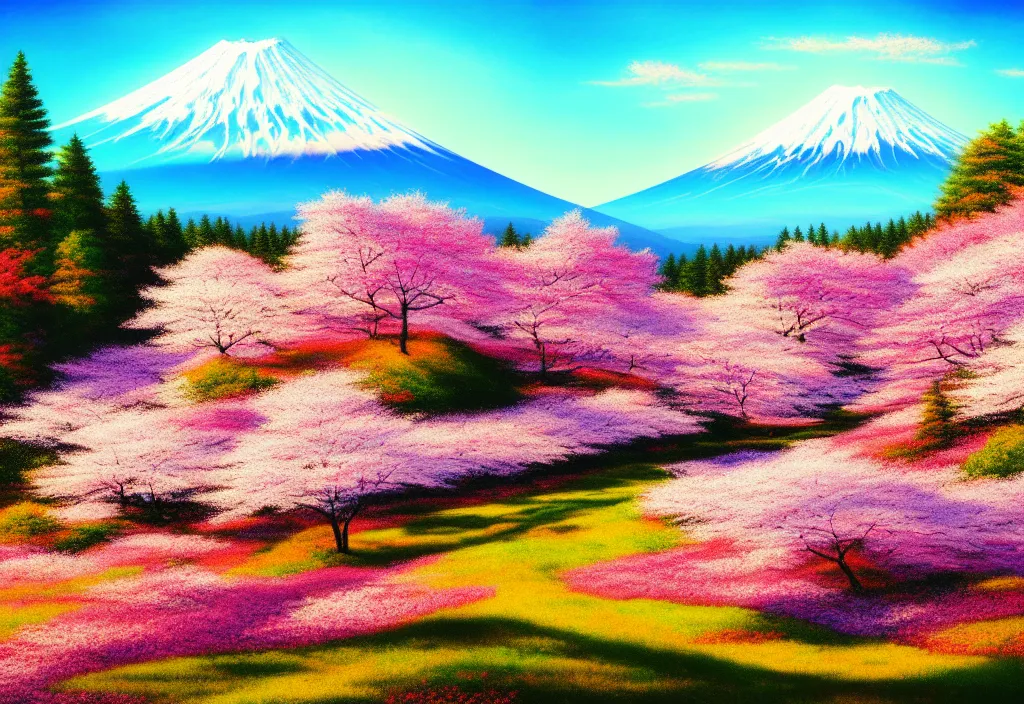 Image similar to a real photographic landscape painting with incomparable reality, wide angle, in forest, flowers, cherry blossom tree in full bloom, bright style, mount fuji, clearing, magnificent, artstation