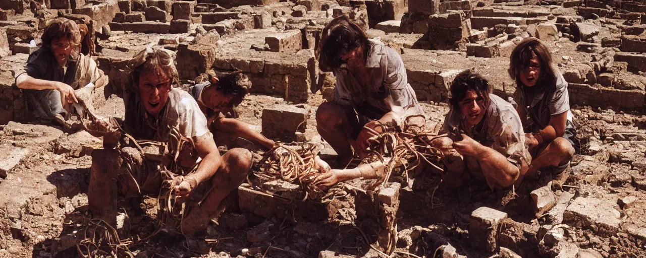 Image similar to archaeologists discovering ancient ruins of spaghetti, canon 5 0 mm, high detailed face, facial expression, cinematic lighting, photography, retro, film, kodachrome