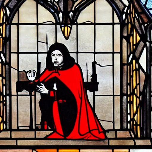 Prompt: vampire dressed in black and red medieval noble’s clothing, with long black hair, clean shaven, holding a glass of wine and a lit match, sitting atop a catholic church altar in front of a shattered stained glass window. Wide shot, realistic.