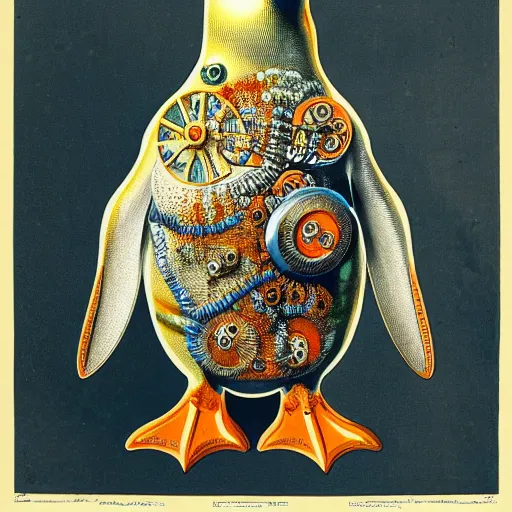 Image similar to cyborg penguin by ernst haeckel, masterpiece, vivid, very detailed