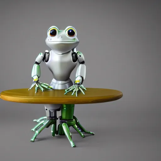 Image similar to a robot frog on a table, octane render, 3D, extremely detailed, accurate