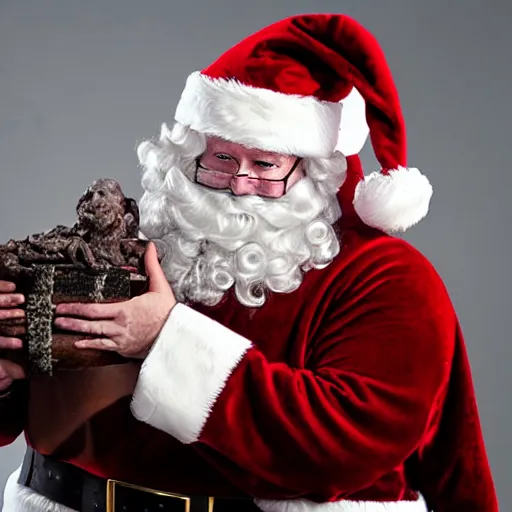 Prompt: UHD candid photo of Santa in front of a pile of dead dwarves, with accurate face, UHD, photorealistic, correct face, photo by Annie Leibovitz