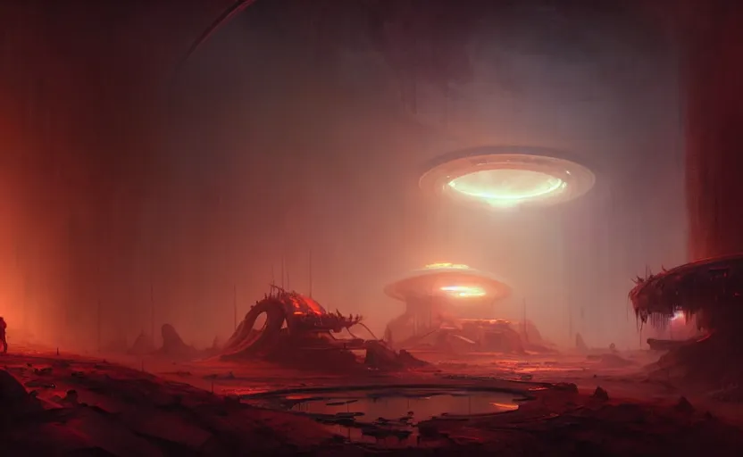 Image similar to abandoned mars biodome, horror sccene, by Greg Rutkowski and Gaston Bussiere, dim lighting, beautiful volumetric-lighting-style atmosphere, futuristic atmosphere, intricate, detailed, photorealistic imagery, artstation