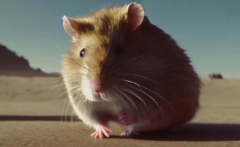 Image similar to hamster as luke skywalker, movie still, star wars, cinematic, sharp focus, cinematic grain, cinematic lighting, 8 k