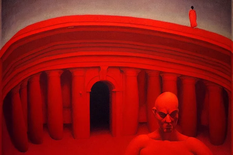 Image similar to only with red, a red melted emperor in an authoritarian position, taormina amphitheatre, crowd hails him, in the style of beksinski, parts by edward hopper, parts by rodcenko, parts by yue minjun, intricate and epic composition, red by caravaggio, insanely quality, highly detailed, masterpiece, red light, artstation, 4 k