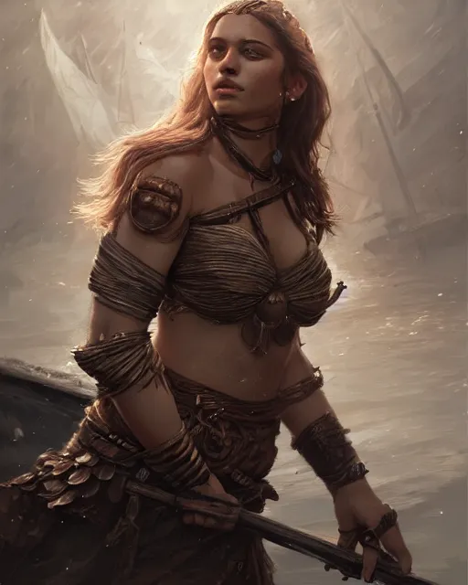 Image similar to A beautiful female warrior posing on a boat, beautiful face, highly detailed face, close-up, fantasy art, female art, in the style of greg rutkowski, illustration, epic, fantasy, intricate, hyper detailed, artstation, concept art, smooth, sharp focus, ray tracing