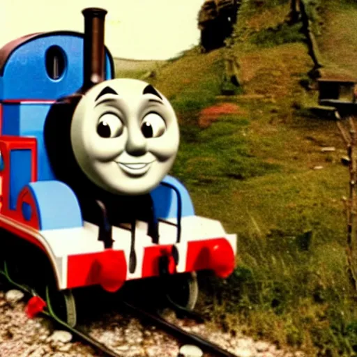 Prompt: cursed Thomas the tank engine, found footage, grainy, creepy, backrooms