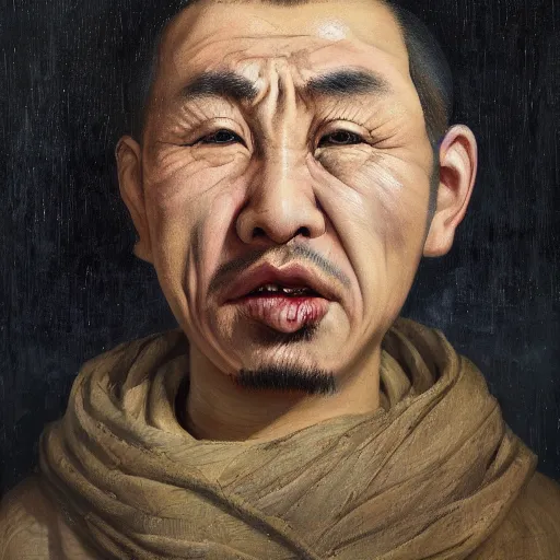 Prompt: face portrait of chinese uyghur muslim prisoner and melting wax, wearing victorian rags, elite, disfigured, drooling, moist, unnatural movement, they are unhappy, bizzaro, baroque, renaissance, by emedios varo and anato finnstark and fenghua zhong, hyperrealism, 8 k, 3 d, masterpiece, texture