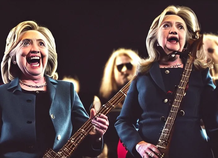 Image similar to publicity photo still of hillary clinton in a death metal band playing live on stage, 8 k, live concert lighting, mid shot