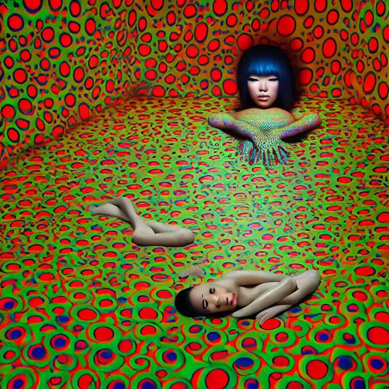 Image similar to realistic detailed image of a japanese model laying in a padded room, 8 k conjuring psychedelic background, part by yayoi kusama, part by alex gray, part by ross tran, part by james jean, ultra realistic, highly detailed, life like face, detailed body, 8 k, octane render, trending on artstation, very cohesive, masterpiece