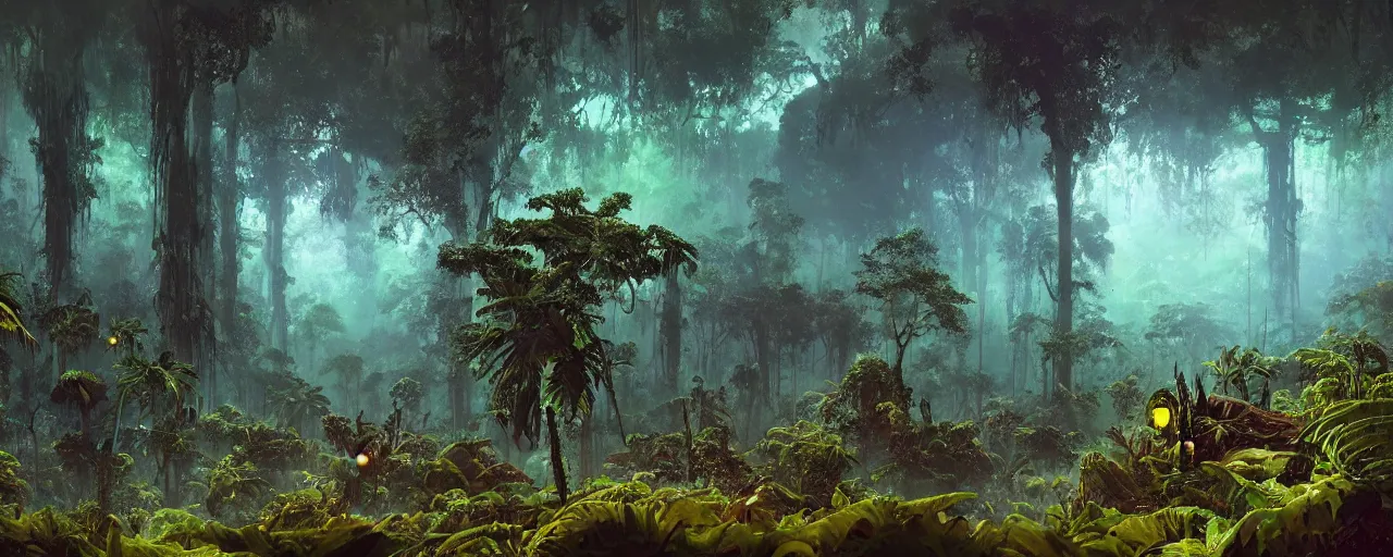 Image similar to ” outer planet with misty jungle, [ moist, wet, lush, cinematic, detailed, epic, widescreen, opening, establishing, mattepainting, photorealistic, realistic textures, octane render, art by paul lehr ] ”