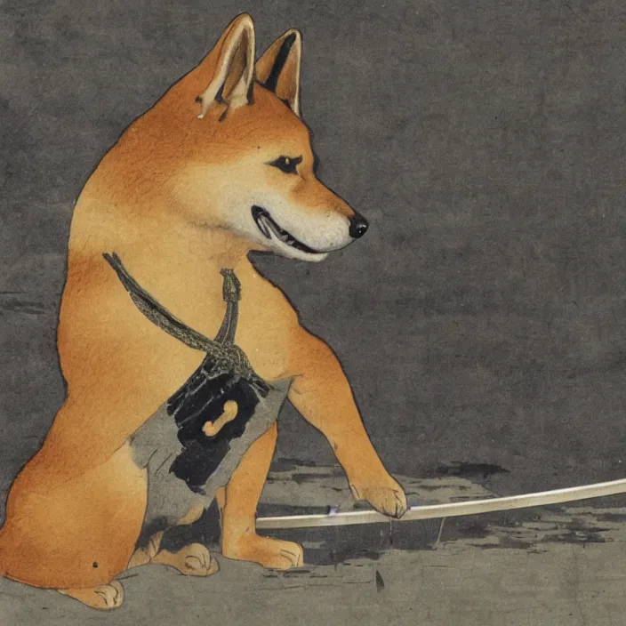 Prompt: a shiba-inu-samurai general waking up from a nap on the battlefield, his trusty katana at his side, artwork on loan from the historical dog society of japan