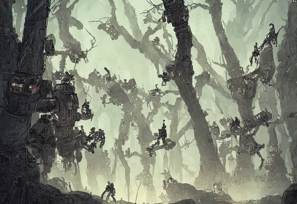 Image similar to handmade illustration of Robots, line art, ink, some small silhouetted medieval men among the trees, watercolor by Kilian Eng and by Jake Parker, winning-award masterpiece, fantastic, octane render, 8K HD Resolution, High quality image