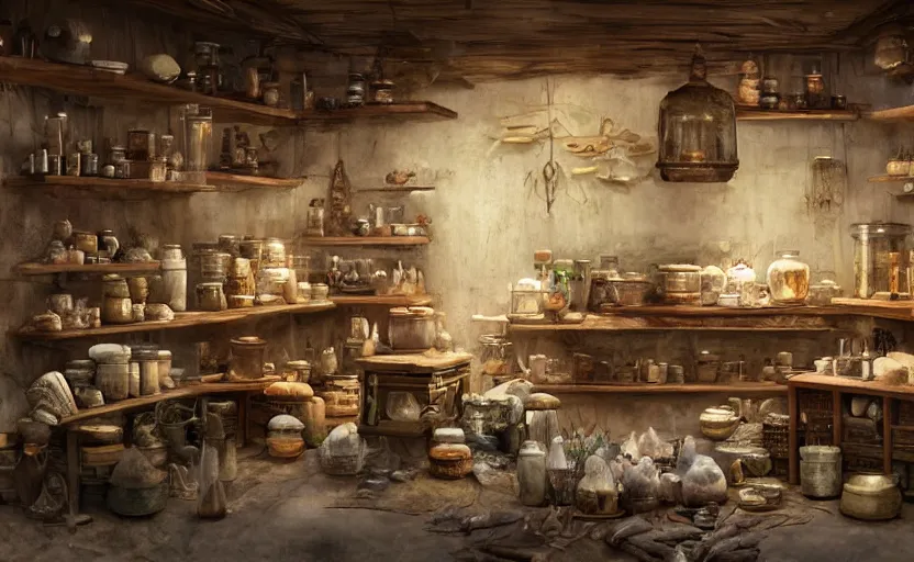 Image similar to an herbalist shop a wood counter and cabinets in the center, simple adobe wall,, simple wood shelves, lots of jars and boxes of herbs, torch lit warm dark fantasy matte painting in the style of ruan jia and craig mullins