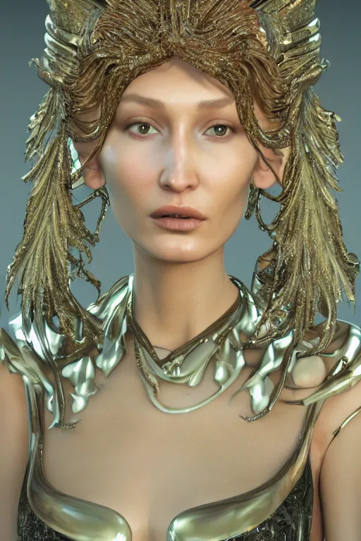 Prompt: a highly detailed render portrait of a beautiful alien goddess bella hadid in iris van herpen dress schiaparelli in diamonds in style of alphonse mucha trending on artstation made in unreal engine 4