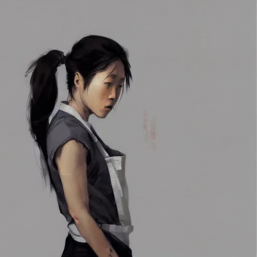 Image similar to portrait of a short muscular Japanese woman with a short ponytail wearing a gray t shirt and a work apron, dramatic lighting, illustration by Greg rutkowski, yoji shinkawa, 4k, digital art, concept art, trending on artstation