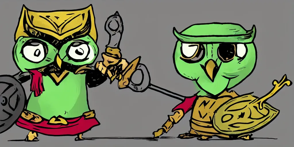 Image similar to A cartoon anthropomorphic owl wearing a viking helmet and a green shirt with a shield on the side.