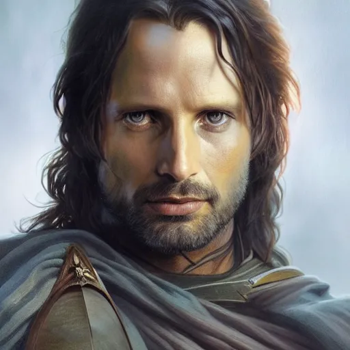 Image similar to a portrait of aragorn cinematic lighting, photorealistic, octane render, 8 k, depth of field, 3 d, art by artgerm and greg rutkowski and alphonse mucha and uang guangjian and gil elvgren and sachin ten