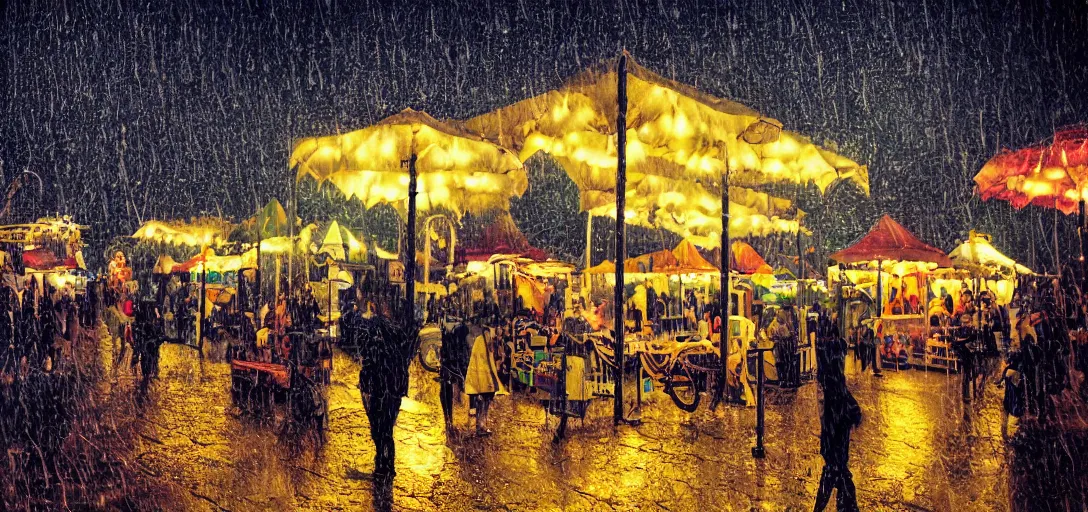 Prompt: Look of Small outdoor carnival, rain, night, noire tents, digital art, 8k, moody details