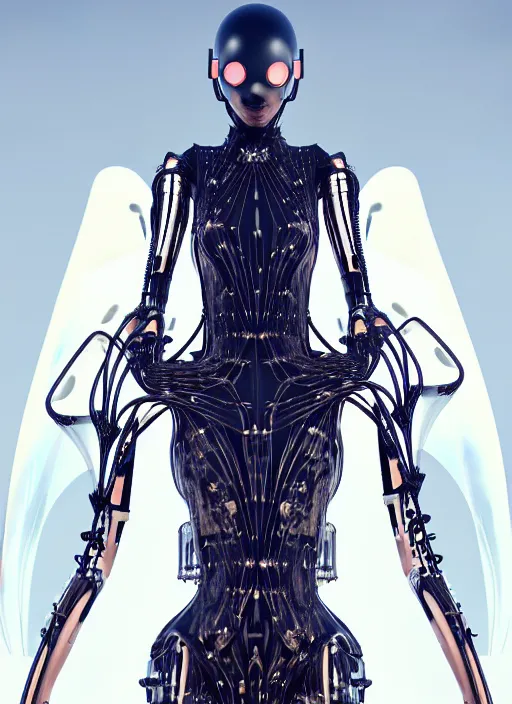 Image similar to desert, catwalk, iris van herpen gothic inflateble dark dress, perfect symmetrical body, helmet on face, full body shot, inflateble shapes, wires, tubes, veins, jellyfish, white biomechanical details, wearing epic bionic cyborg implants, masterpiece, intricate, biopunk, vogue, highly detailed, artstation, concept art, cyberpunk, octane render