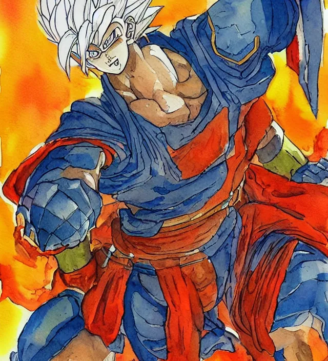 Image similar to a 3 / 4 view watercolor ink painting of goku as a knight in the style of jean giraud in the style of moebius trending on artstation deviantart pinterest detailed realistic hd 8 k high resolution