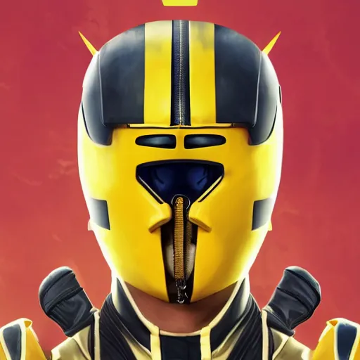 Prompt: symmetry!! portrait, head only, yellow ranger, thunderbolt - helmet!!, artstation, art by murata, art by oda echiiro, art by tatsuki fujimoto, lightning helmet, 3 d, jumpsuit, gloves, futuristic poster,