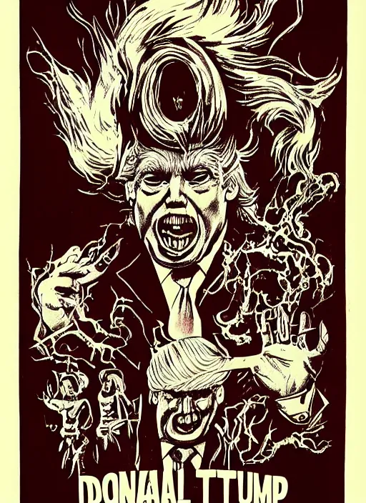 Prompt: Donald Trump's disgusting true form on a 1970s horror movie poster, inking, vintage 70s print, detailed, scary, horror, screen print, trending on artstation