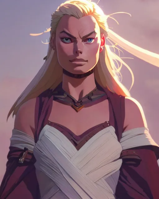 Image similar to azctec warrior, margot robbie, detailed perfect face, exquisite details, fire magic, mid view, design on a white background, by studio muti, greg rutkowski makoto shinkai takashi takeuchi studio ghibli