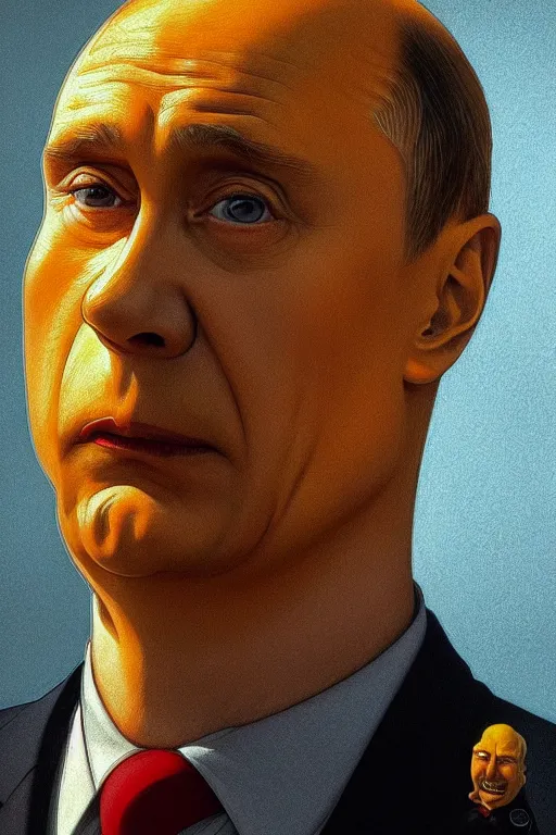 Image similar to vladimir putin as a yellow funny homer simpson, realistic portrait, symmetrical, highly detailed, digital painting, artstation, concept art, smooth, sharp focus, illustration, cinematic lighting, art by artgerm and greg rutkowski and alphonse mucha