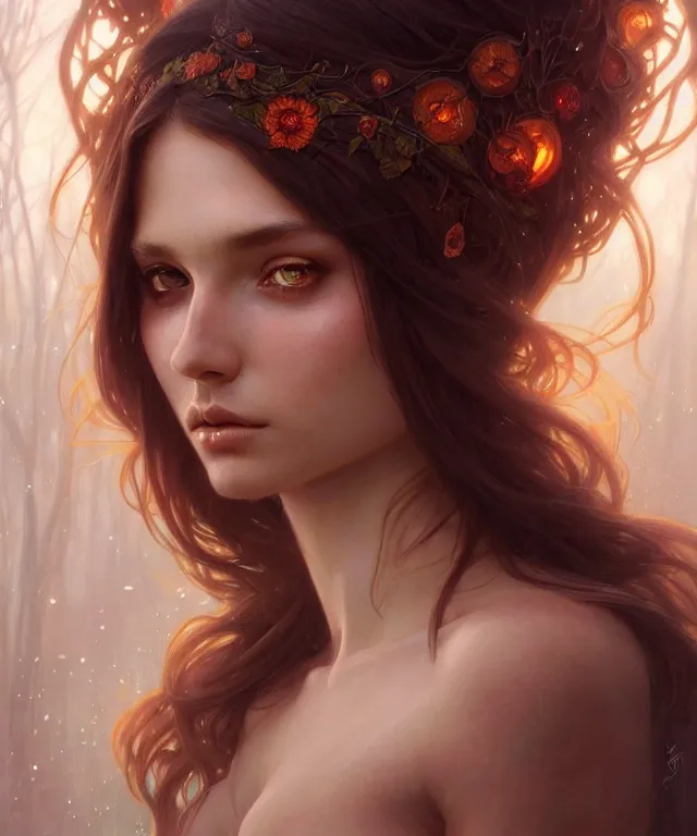 Image similar to Forest nymph woman portrait, amber eyes, face, long hair, fantasy, intricate, elegant, highly detailed, digital painting, artstation, concept art, smooth, sharp focus, illustration, art by artgerm and greg rutkowski and alphonse mucha