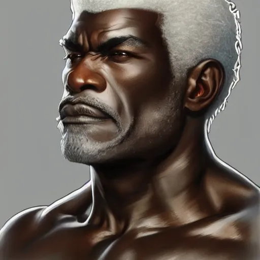 Image similar to wow, fanart hideous muscular black man with white hair and a protruding jaw with visible pectoral muscles, detailed, digital art, artstation, smooth, sharp focus, art by artgerm, greg rutkowski, alphonse mucha